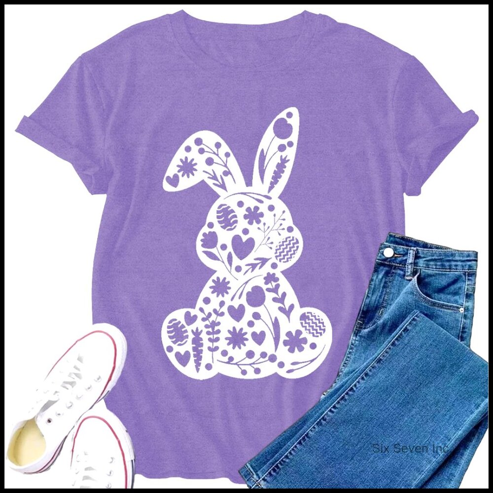 Floral Bunny Easter T-Shirt, Soft Polyester Rayon Spandex Fabric, Relaxed Fit